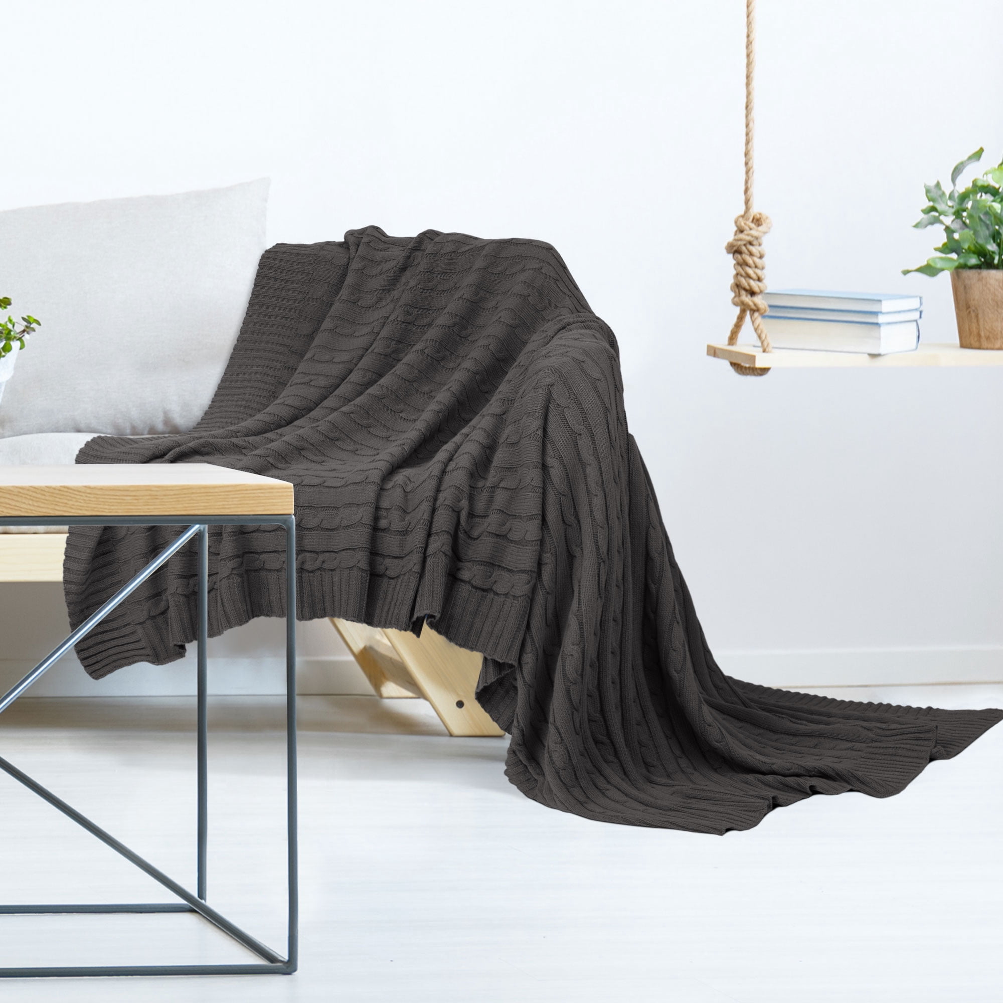 Unique Bargains Cable Knitted Bed Sofa Throw Blanket Dark Grey 47" x 71"