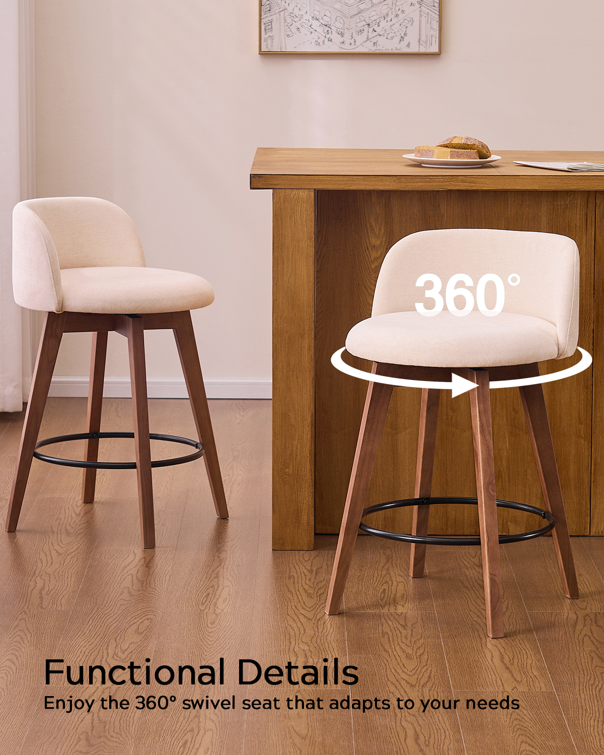 EYYTHUNG 26" Counter Height Bar Stools Set of 4 Mid Century Modern Farmhouse Swivel Barstools Chenille Fabric Upholstered, Brown/Beige