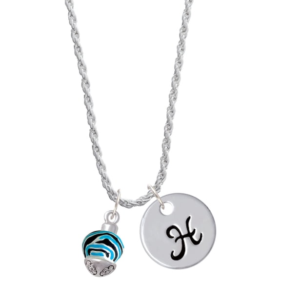 Delight Jewelry Silvertone Wide Hot Blue Zebra Print Band Spinner Silvertone Script Initial Disc - H - Charm Necklace, 20"+3"