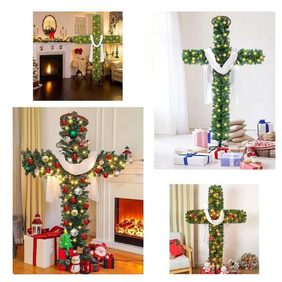 Kumdkd Foldable Cross Christmas Tree with LED Lights, 5ft/6ft Artificial Outdoor Indoor Holiday Decor, Pre-Lit Twinkling Tree with Stake for Yard Garden Patio