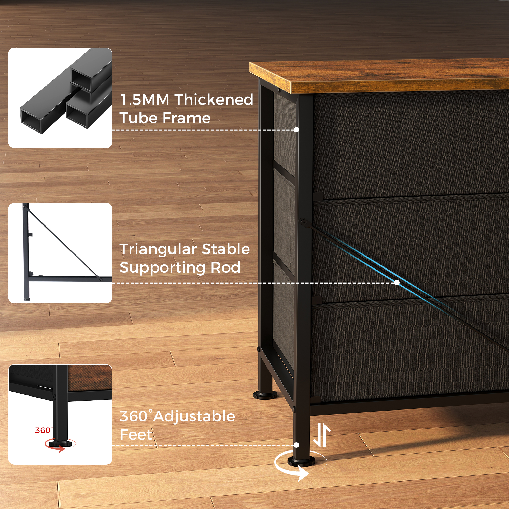 JIOABL 66 inch Wide TV Stand Dresser, 9-Drawer Storage Cabinet for 75 inch TV, Entertainment Center with Wood Top for Living Room, Rust