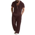 thumbnail image 2 of Sets for Men Clothing 2 Piece Solid Color Cotton-Linen Look Short Sleeve Hooded Shirt and Drawstring Waist Pocket Pants, Resort Style Outfit Coffee XXL, 2 of 5