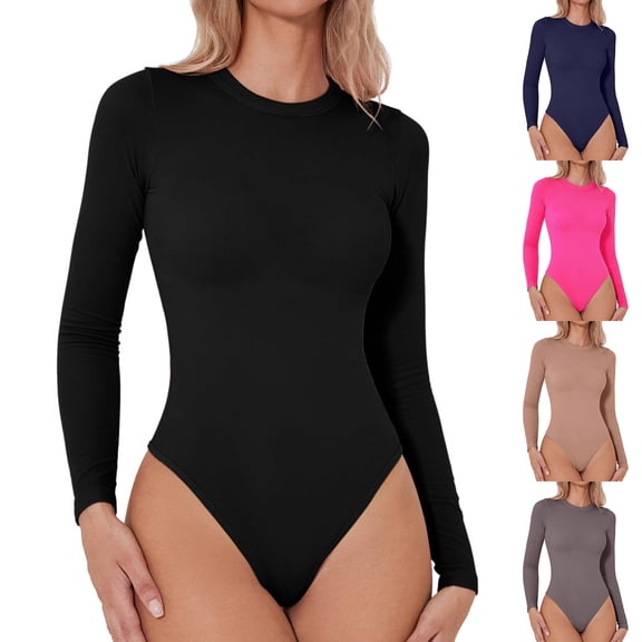 COMVALUE Women's Crew Neck Bodysuit Long Sleeve Body Suit T Shirts Basic Slim Fitted Tops (Hot Pink, S)