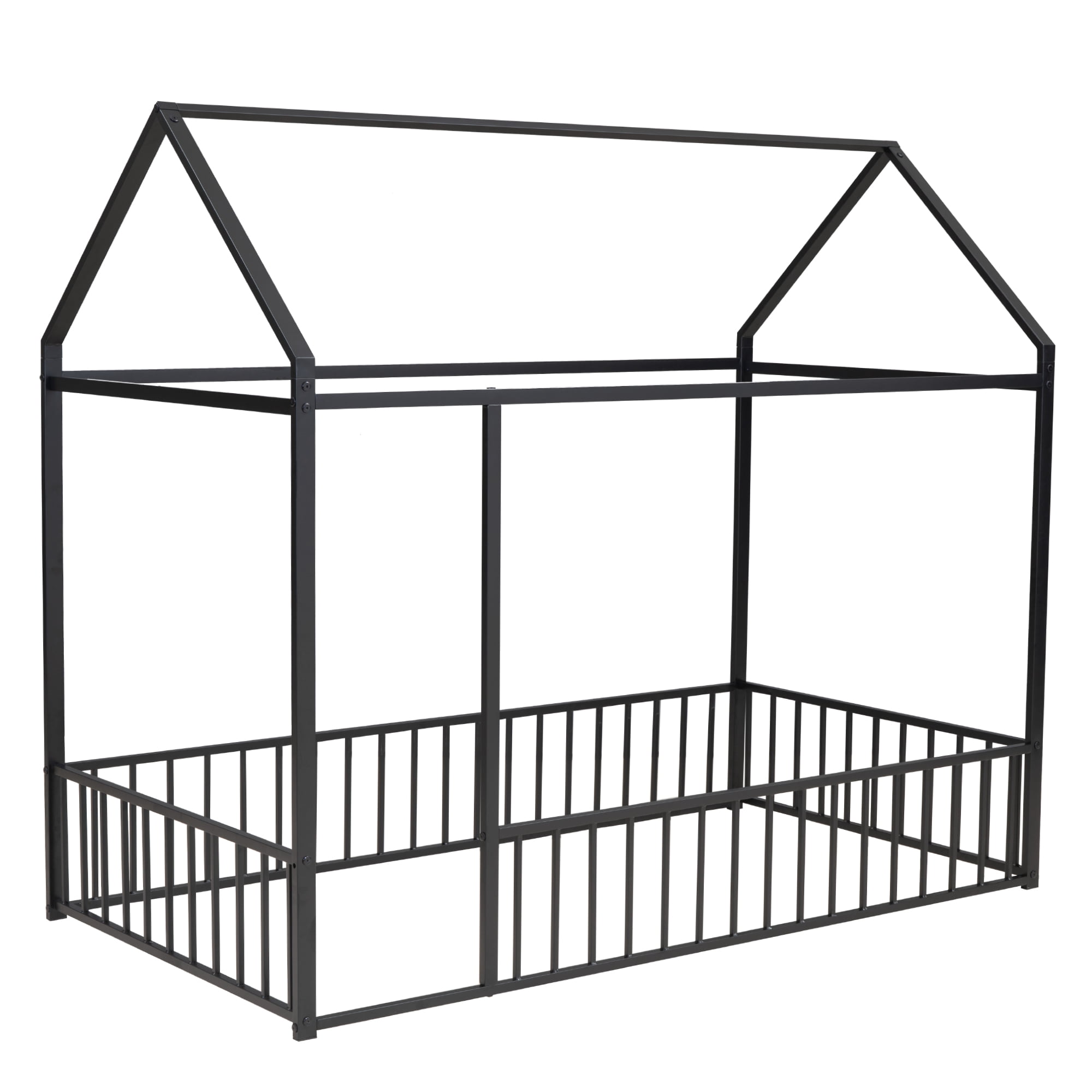 Twin Size Metal House Bed Frame with Rails, Montessori Floor Bed without Slats (Black)