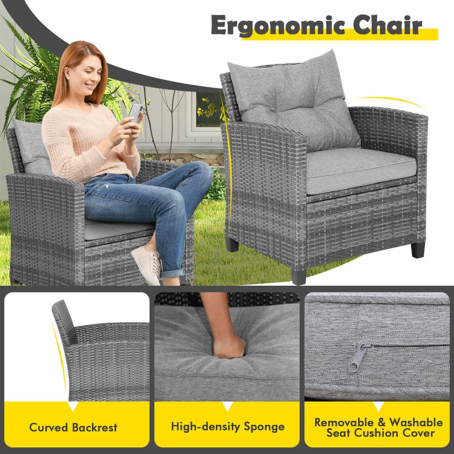 Aimee Lii 3 Pieces Outdoor Wicker Conversation Set with Tempered Glass Tabletop, Outdoor Patio Furniture, Gray