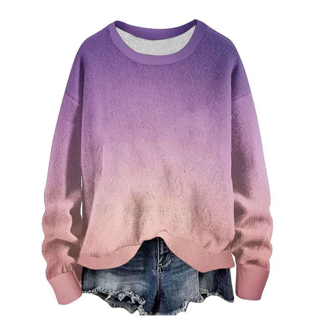 Besolor Knit Shirts for Women Fall Trendy Gradient Color Long Sleeve Tops Plus Size Crewneck Pullover Blouses