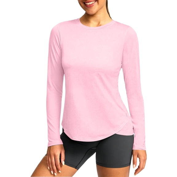 Qgtaibl Women UPF 50 Rash Guard Long Sleeve Shirts Crew Neck Curved Hem Slim Fit Athletic Tops Quick Dry Lightweight Swimming Running Sun Shirt Pink XL