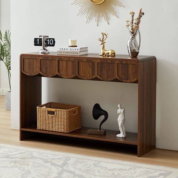 Console Table with Drawers, 43 Inches Narrow Entryway Table with Open Shelves, Hallway or Sofa Table for Living Room - Walnut