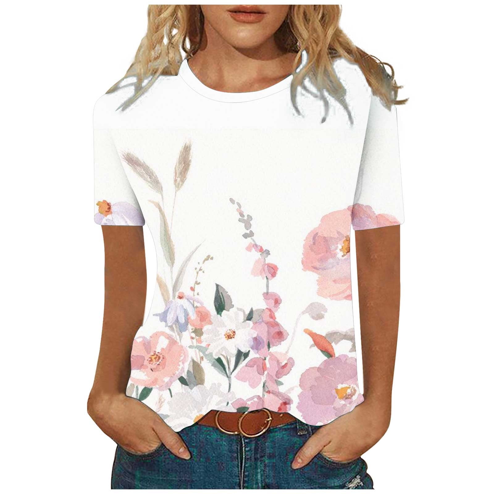 Bigersell Womens Spring Tops Women's Short Sleeve Round Neck Printed