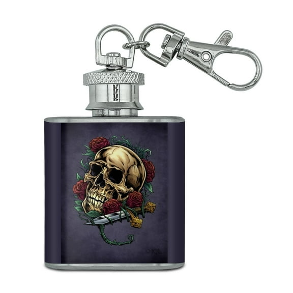 Roses Skull and Dagger Stainless Steel 1oz Mini Flask Key Chain