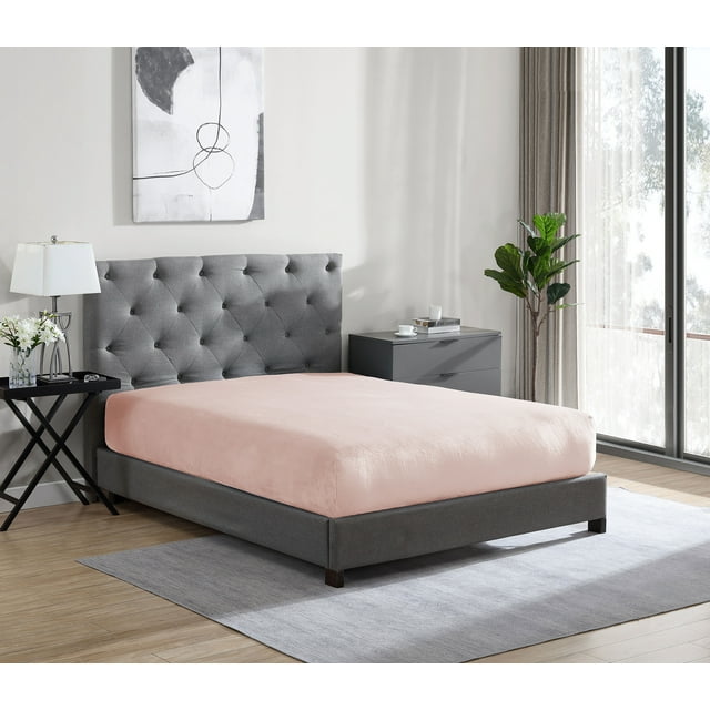 Queen size bed dressed with Swift Home Luxury ultra-soft flannel plush fur fitted sheet in rose blush, featuring deep pocket fit for all season warmth.