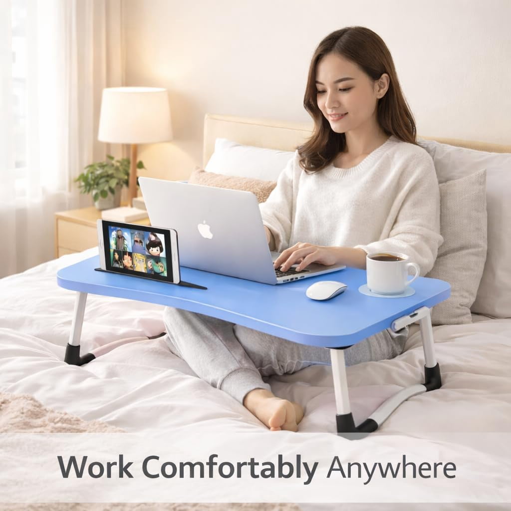 WSA Foldable Lap Desk with Drawer & Cup Holder, 23.6” Portable Laptop Bed Tray Table with Tablet Slot, Non-Slip Laptop Desk for Bed Couch Sofa, Working Writing Eating Breakfast (Blue)