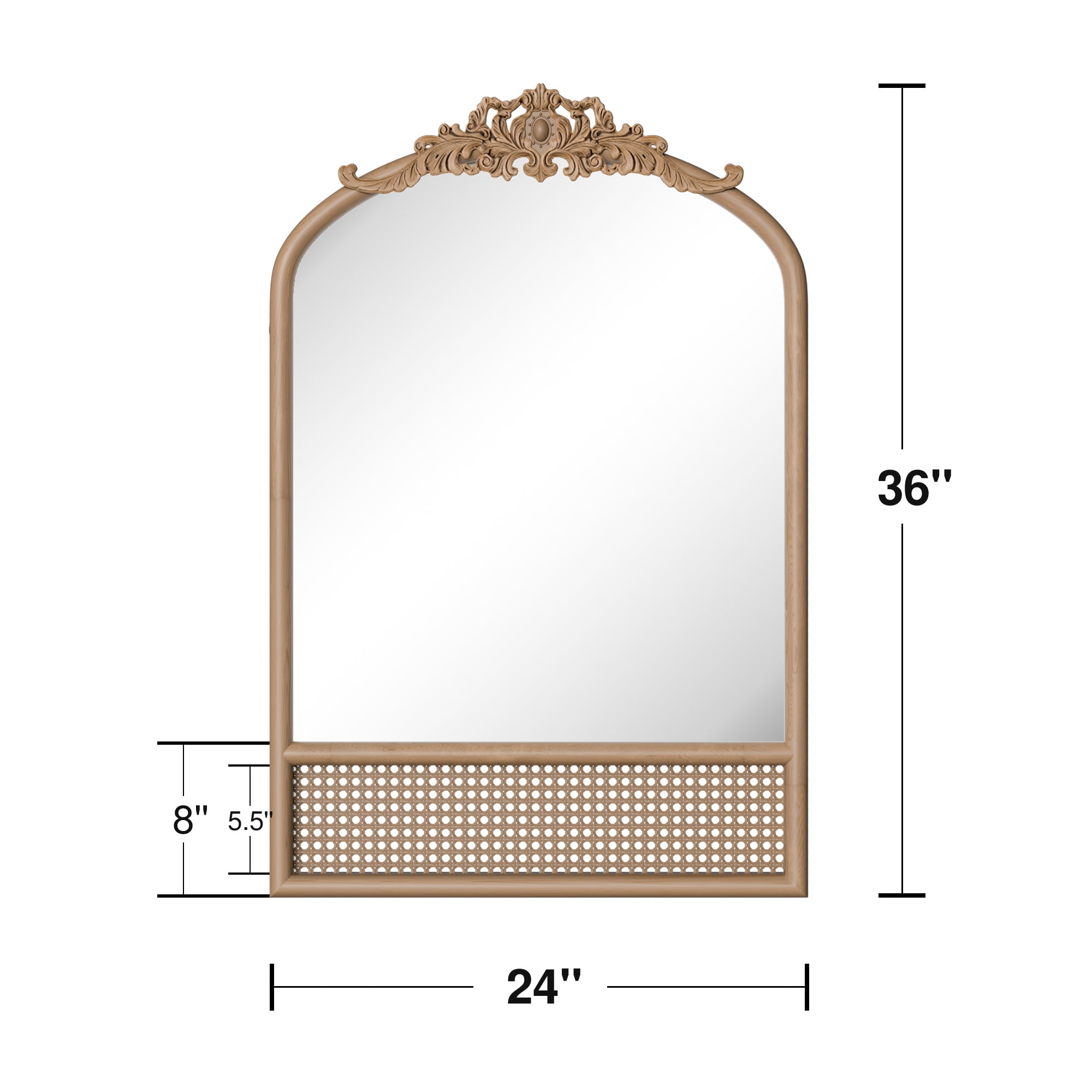 36"x24" Wood Rattan Wall Mirror Carved Arched Mirror,Natural