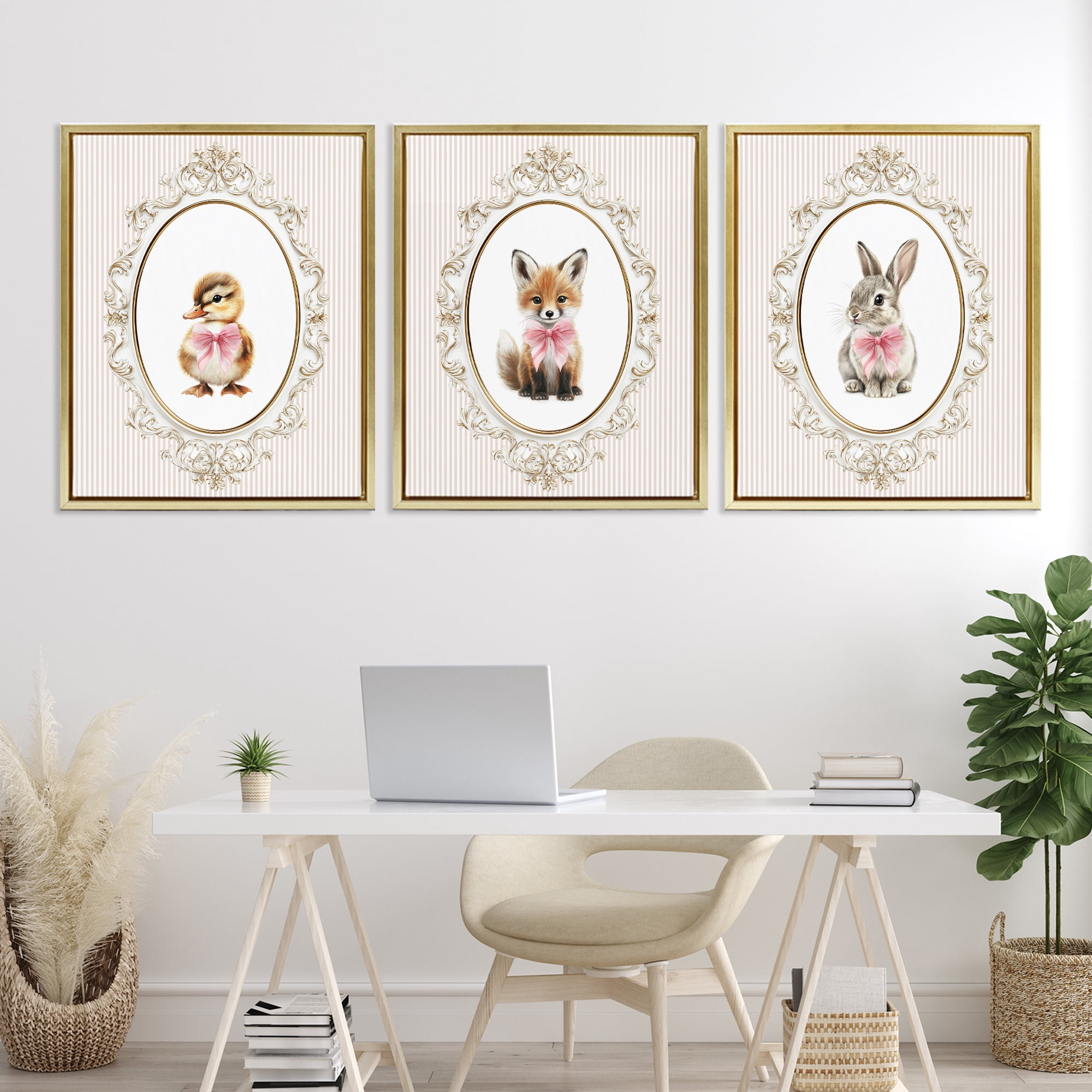 Stupell Industries Vintage Animals with Ornate Design 3 Piece Gold Framed Floater Canvas Set, design by Christine Simpson Art