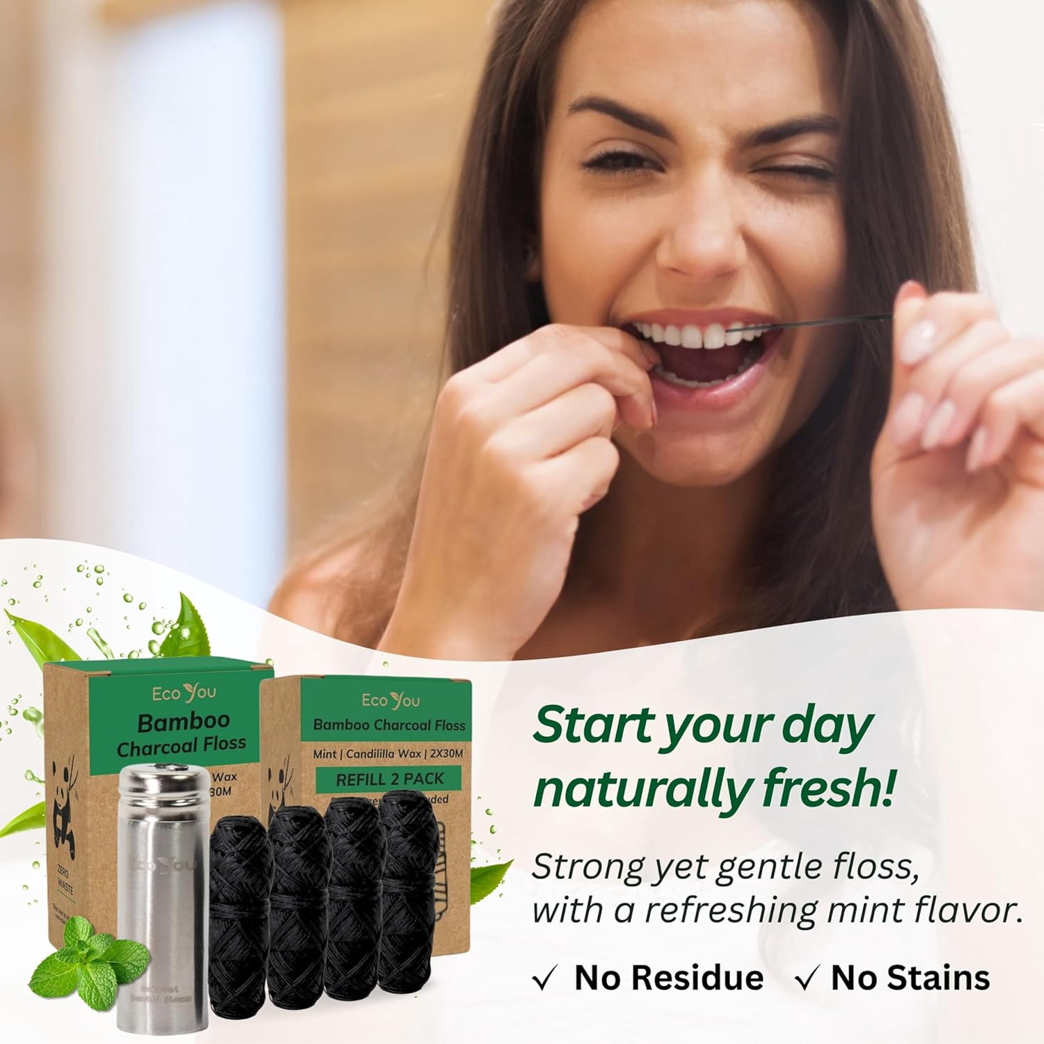 Bamboo Charcoal Dental Floss | Mint & Candelilla Wax | Vegan & Biodegradable (4 Refills with Metal Holder)