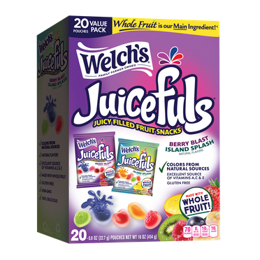 Welch's Juicefuls Gluten-Free Berry Blast & Island Splash Soft Fruit Snacks for School, .8 oz, 20 Count