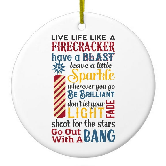 DistinctInk Hanging Ceramic Christmass Tree Ornament with Gold String - Great Gift / Present - 2 3/4 inch diameter - 4th of July Word Art Firecracker