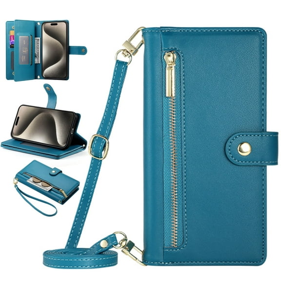 Tedixss Zipper Wallet Crossbody Case for iPhone 16,Magnetic Leather Case Built-in Card Slots/Cash Pocket Shockproof Kickstand Cover with Shoulder Strap/Wrist Strap,Blue