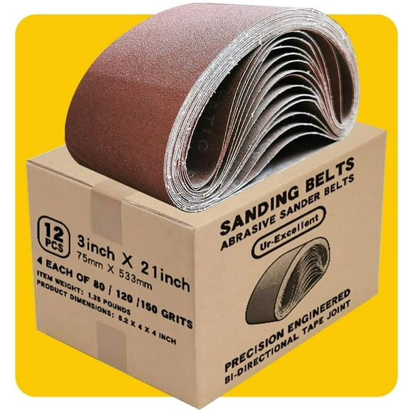 Paquete de cintas lijadoras TPmax de 3 x 21 pulgadas, 12 piezas (80 120 150 granos)