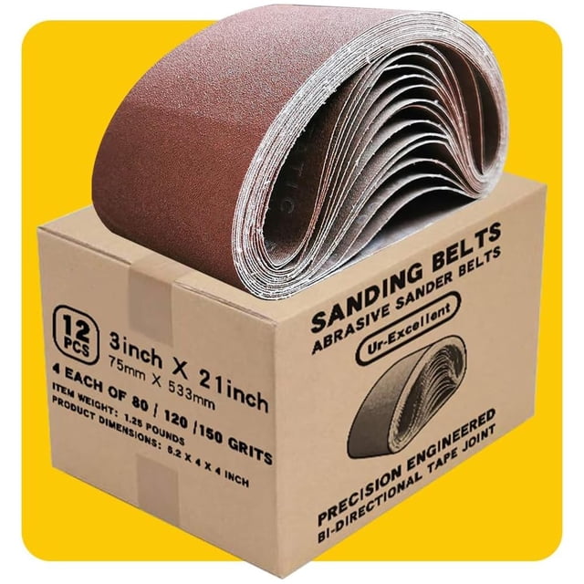 Paquete de cintas lijadoras TPmax de 3 x 21 pulgadas, 12 piezas (80 120 150 granos)