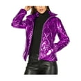thumbnail image 2 of MODA NOVA Juniors Holographic Zipper Quilting Metallic Short Puffer Coat Jacket Purple M, 2 of 6