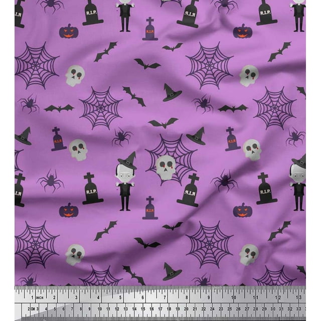 Soimoi Cotton Poplin Fabric Bat,Skull & Witch Halloween Print Fabric by Yard 42 Inch Wide