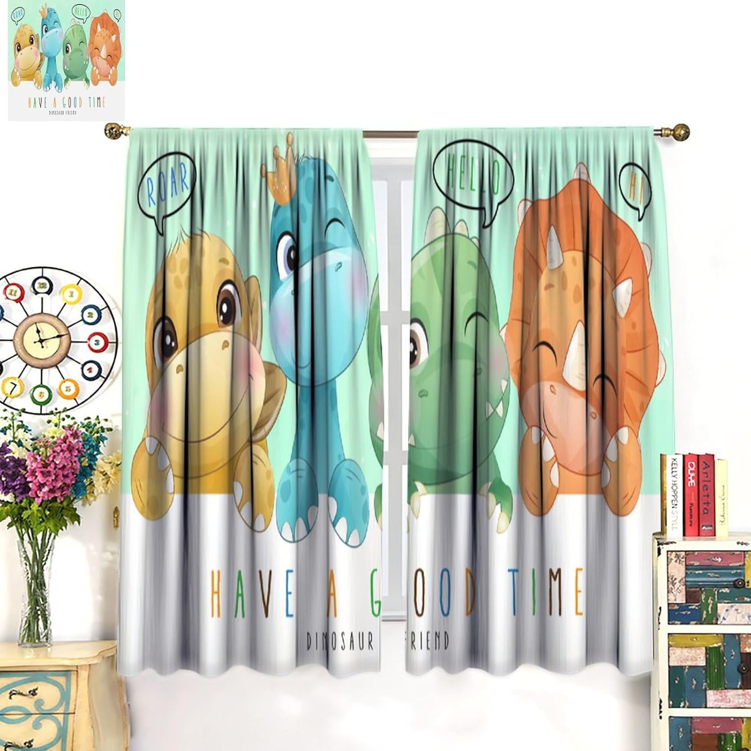 Kids Dinosaur Curtains for Boys Girls Bedroom Decor Cartoon Dino Colorful Cute Funny Animal Printed Blackout Rod Pocket Window Drapes for Baby Nursery Playroom Living Room W52xL63in 2 Panels
