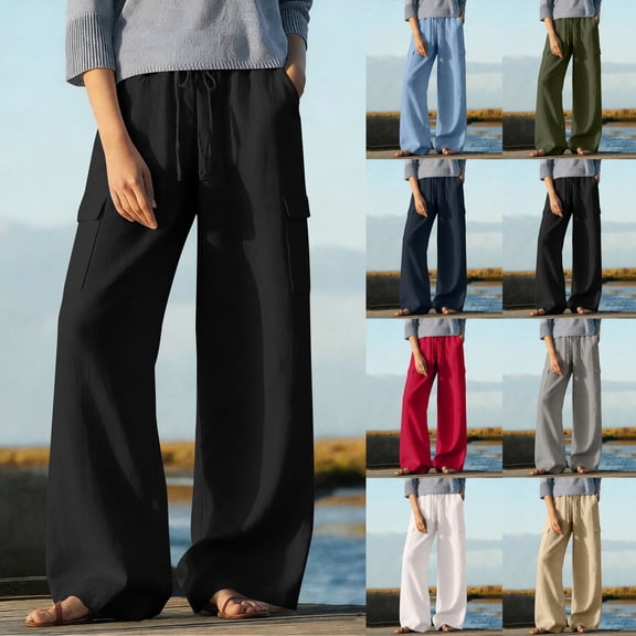 Linen Cargo Pants for Women Casual Solid-Color Elastic Waist Multi-Pocket Workwear Women's Wide-Leg Straight-Leg Pants for Spring And Summer S-2XL
