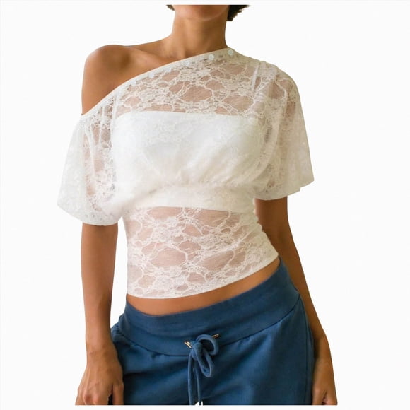 Ymyiu Mesh Top Women Womens Lace Short Sleeve Tops Round Neck Going Out See Through Shirts Sexy Sheer Blouses Size L(White, L)