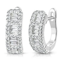 925 Sterling Silver Baguette Round CZ Hoop Huggie Earrings, 0.5"