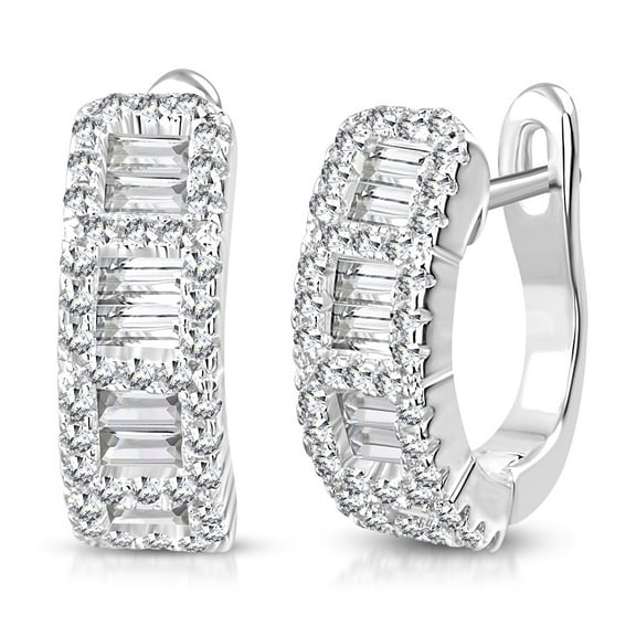 925 Sterling Silver Baguette Round CZ Hoop Huggie Earrings, 0.5"