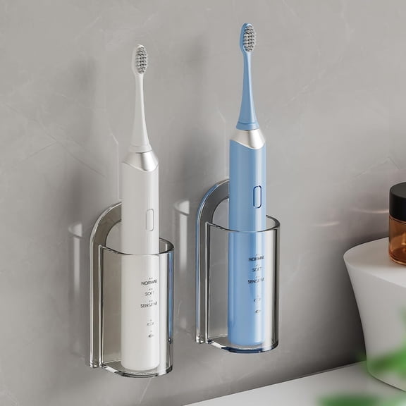 2 Pcs Clear Adhesive Electric Toothbrush Holders Wall Mounted Bathroom Organizer Space Saver