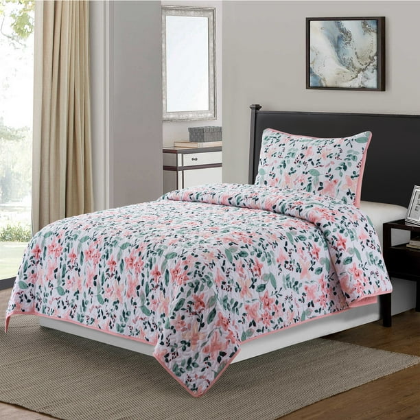 Mainstays Floral Microfiber Reversible Quilt Set, TwinXL, Pink, 2