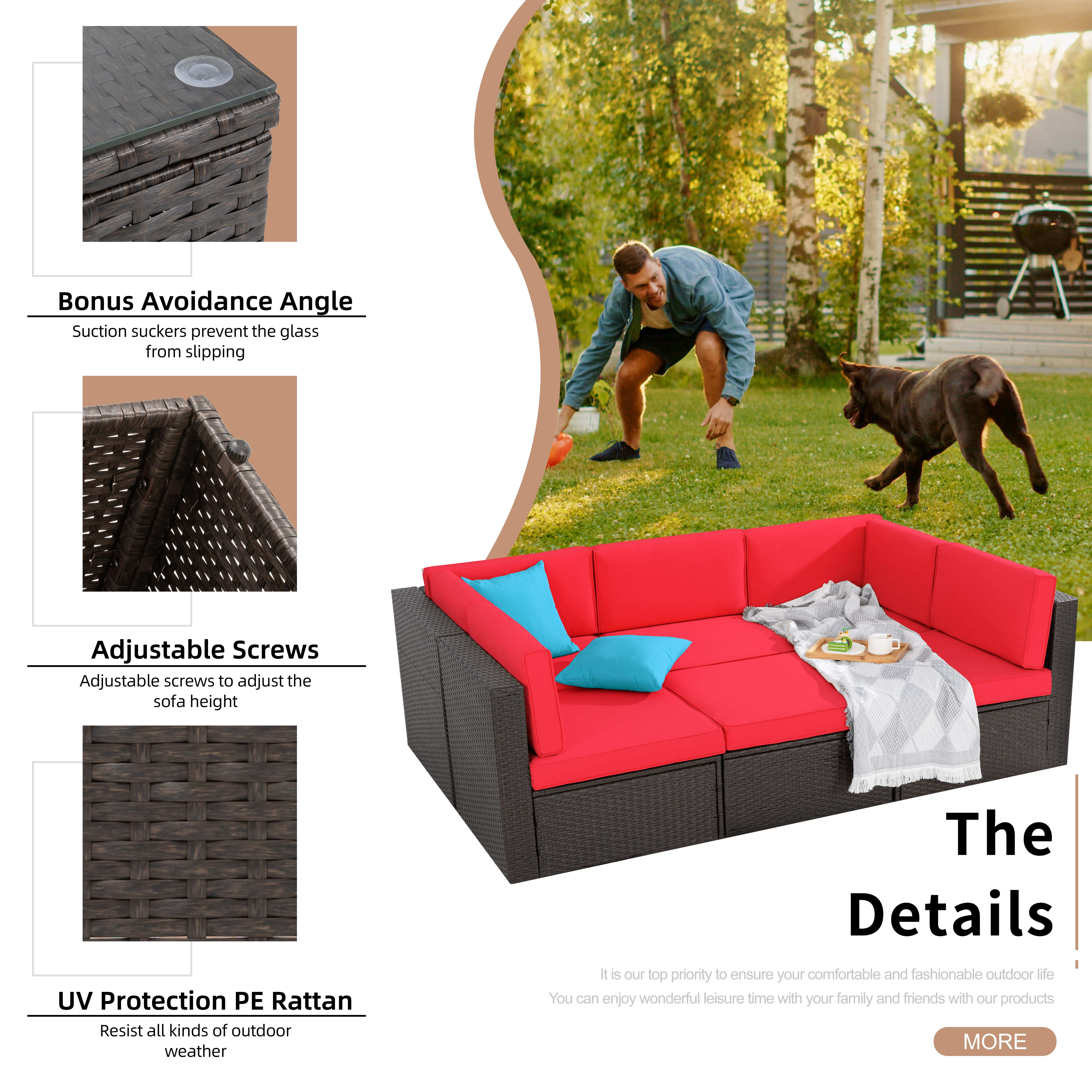 Patio Furniture Set, Walsunny 6 Piece All Weather Outdoor Sectional Sofa, Wicker Patio Conversation Set with Cushions and Tempered Glass Table for Backyard Porch, Red