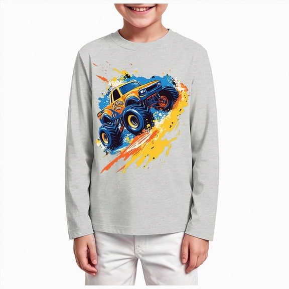 Wonitaaizi Boys Monster Truck Graphic Long Sleeve T-Shirt Top Fall (11-12 Years,Light Gray)