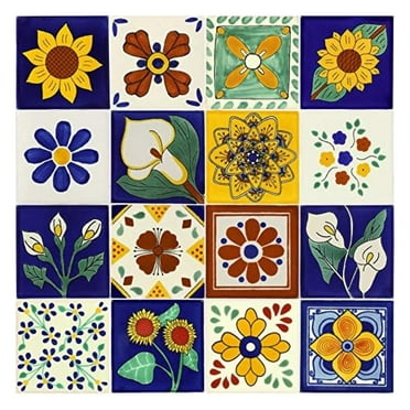 Tile Set - Sixteen (16) 4¼ x 4¼ in. Ceramic Mexican Tiles - Talavera