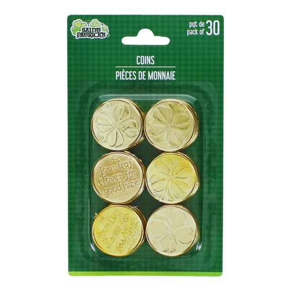 Round Plastic Saint Patrick Shamrock Coins Scatter for Home Kitchen Party Favor Tables Countertops Bowl Fillers DIY Art Crafting Centerpiece Decoration Gift Supplies - Pack of 1 (30 count)