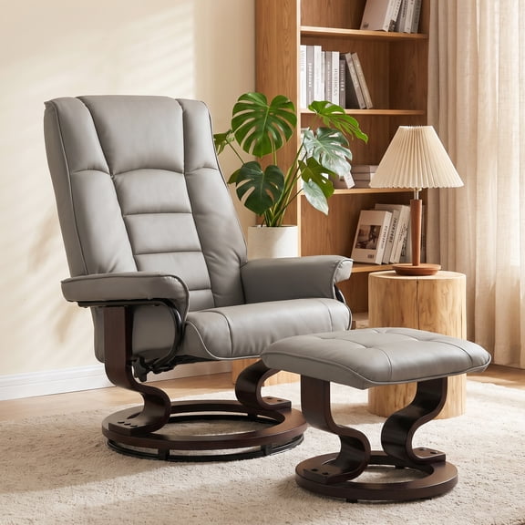 HOMCOM Faux Leather Reclining Chair with Ottoman, Manual Recliner with Tufted Back and Wood Frame, Gray