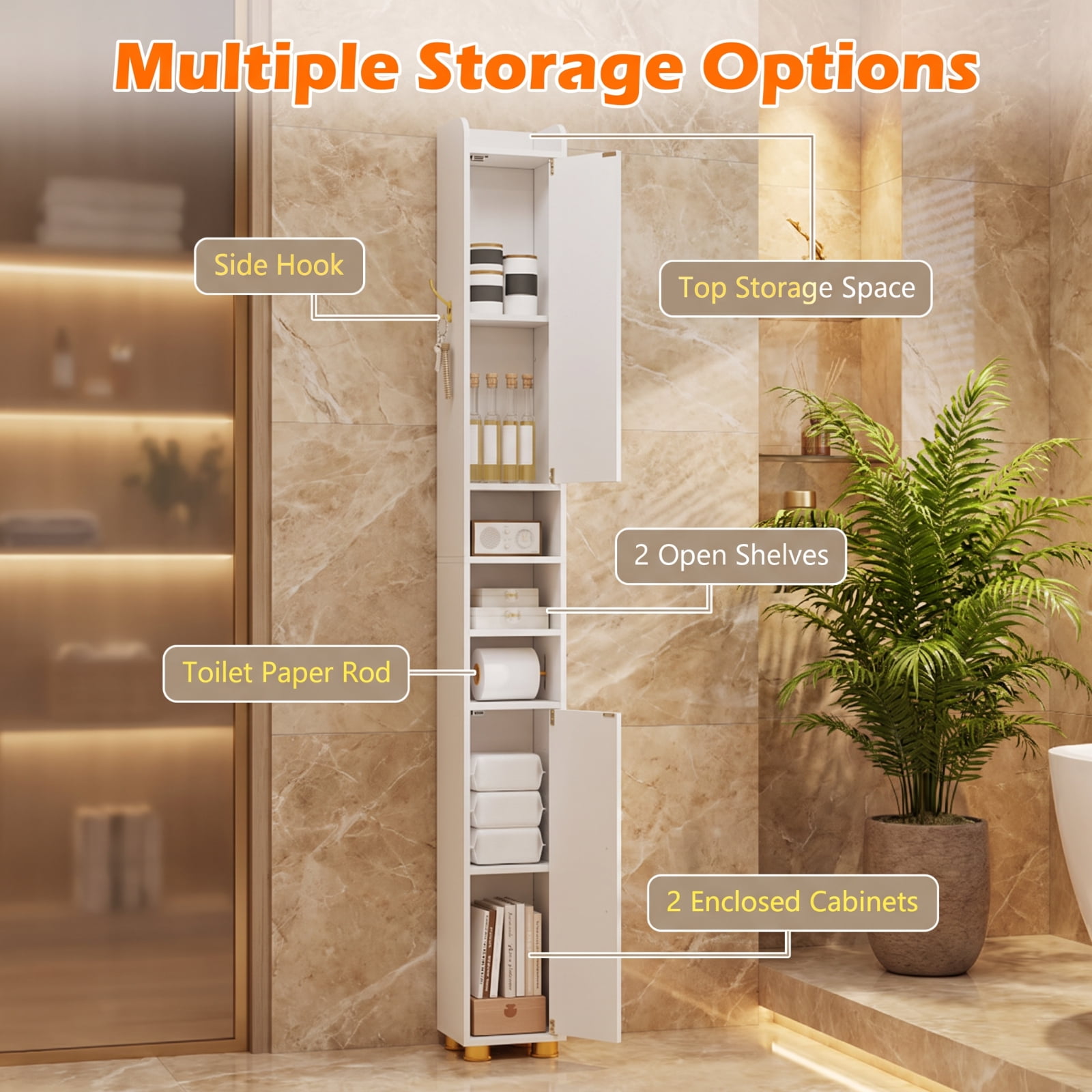 Vebreda Narrow Bathroom Storage Cabinet, Tall Slim Freestanding Tower with 2 Closed Cabinets, Open Shelves and Toilet Paper Holder, Adjustable Shelves, Hook and Anti-Tip Kit, White