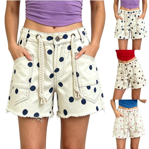 Sheghy Jean Shorts Womens 100%Cotton Women Polka Dot Print Button Zip Straight Leg Denim Shorts with Multi Pockets White S