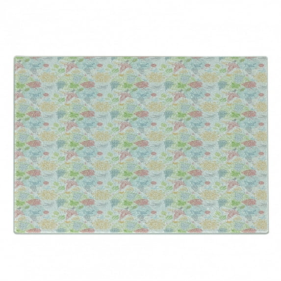 Birds Cutting Board, Soft Pastel Colored Damask Stencil Technique Pattern of Spring Flowers and Birds, Decorative Tempered Glass Cutting and Serving Board, in 3 Sizes, by Ambesonne