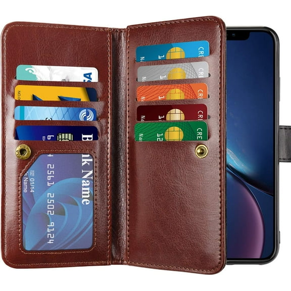 Case for iPhone XR Case Wallet Leather PU Flip Cover Folio Detachable Magnetic Slim Shell Dual Layer Heavy Duty Protective Bumper Armor Wristband Card Holder for iPhone XR X-R 10R (Brown)
