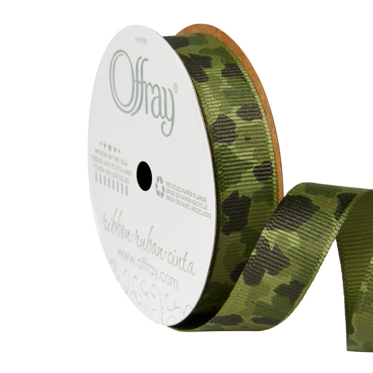 Offray Ribbon, Olive Green 5/8 inch Camouflage Grosgrain Ribbon, 9