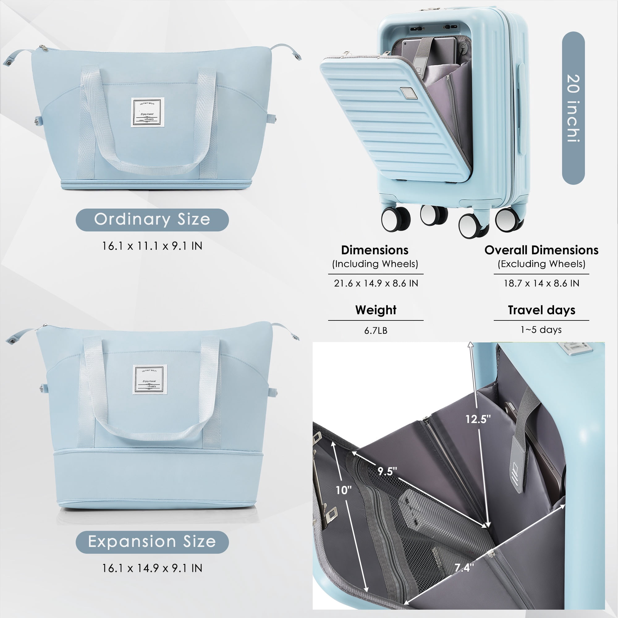 LoLado Front Opening 20in Carry-on Luggage with Expandable Travel Bag Set, ABS Hard Shell Two-piece Travel Suitcase Set with USB Port, Cup Holder, Light Blue