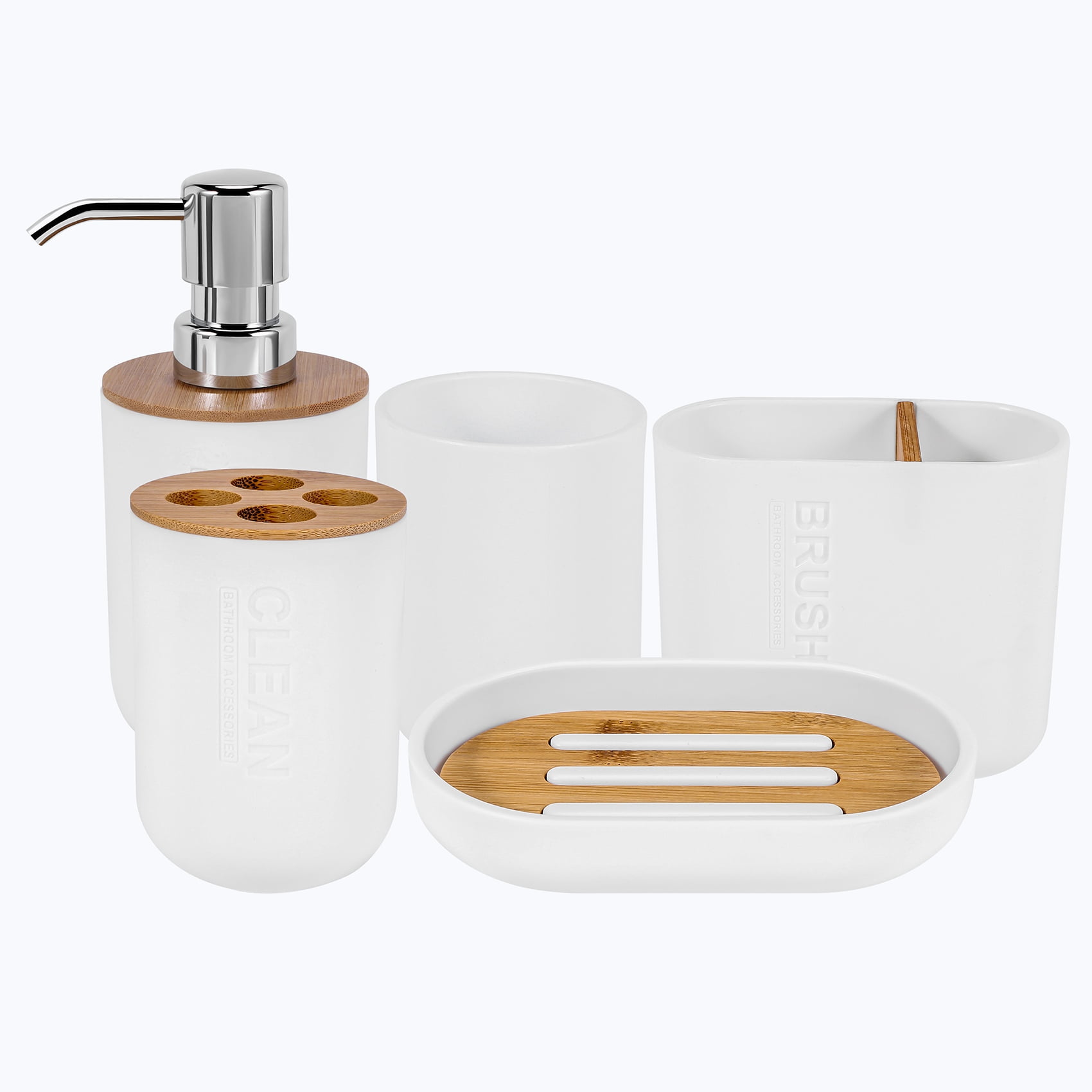 Wood and glass bathroom accessories