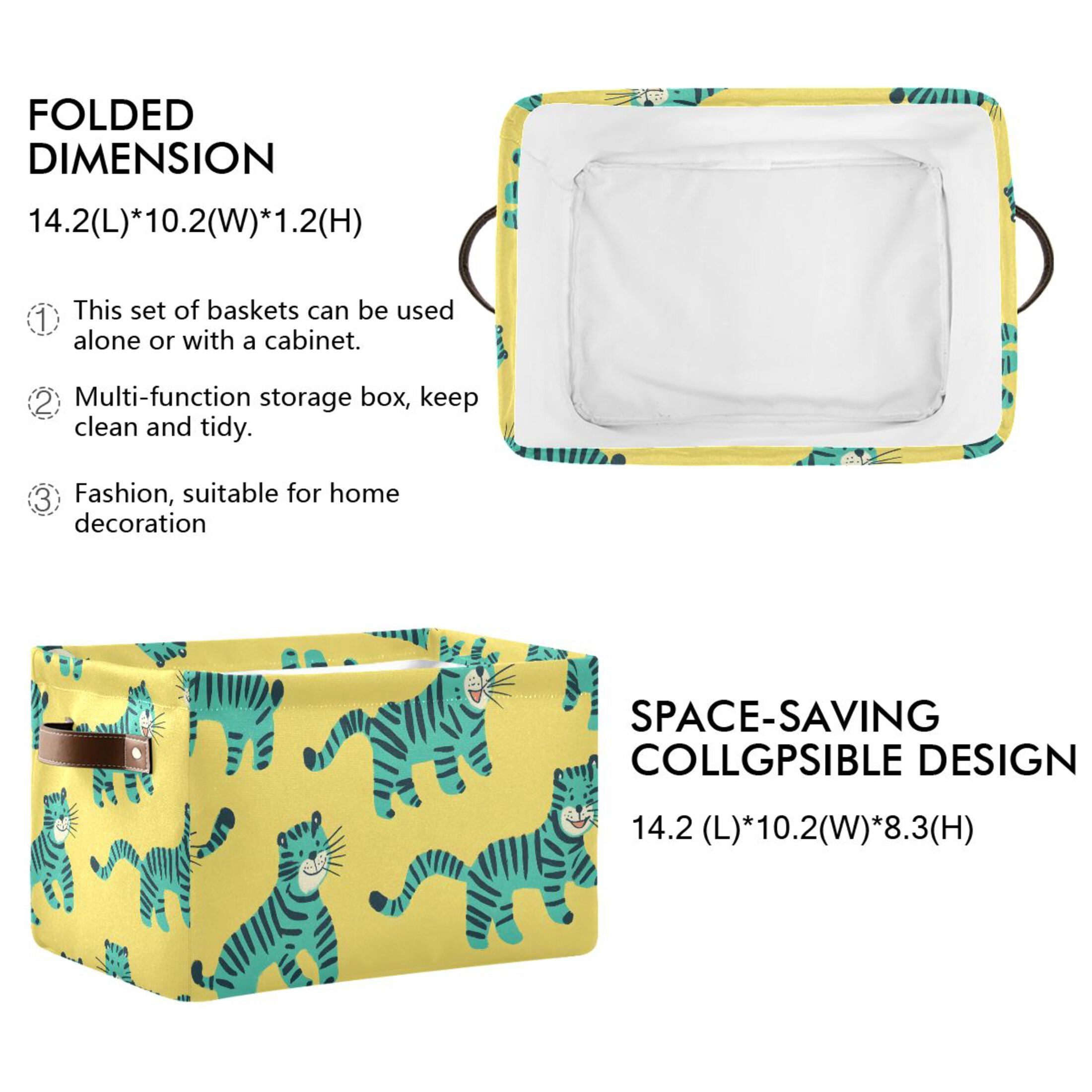Ryvnso Cute Cartoon Tiger Storage Basket Large Bin Foldable Boxes Toys Organizer 14.2x10.2x8.3in 2 PCs