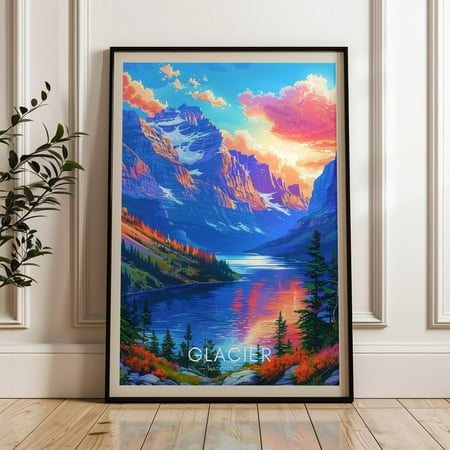 Glacier National Park Travel Poster - United States Wall Art Print, Illustration Poster, Home & Office Decor, Gift Idea, Us Travel Print Wall Art, Modern Wall Decor, 16x24 UNFRAMED