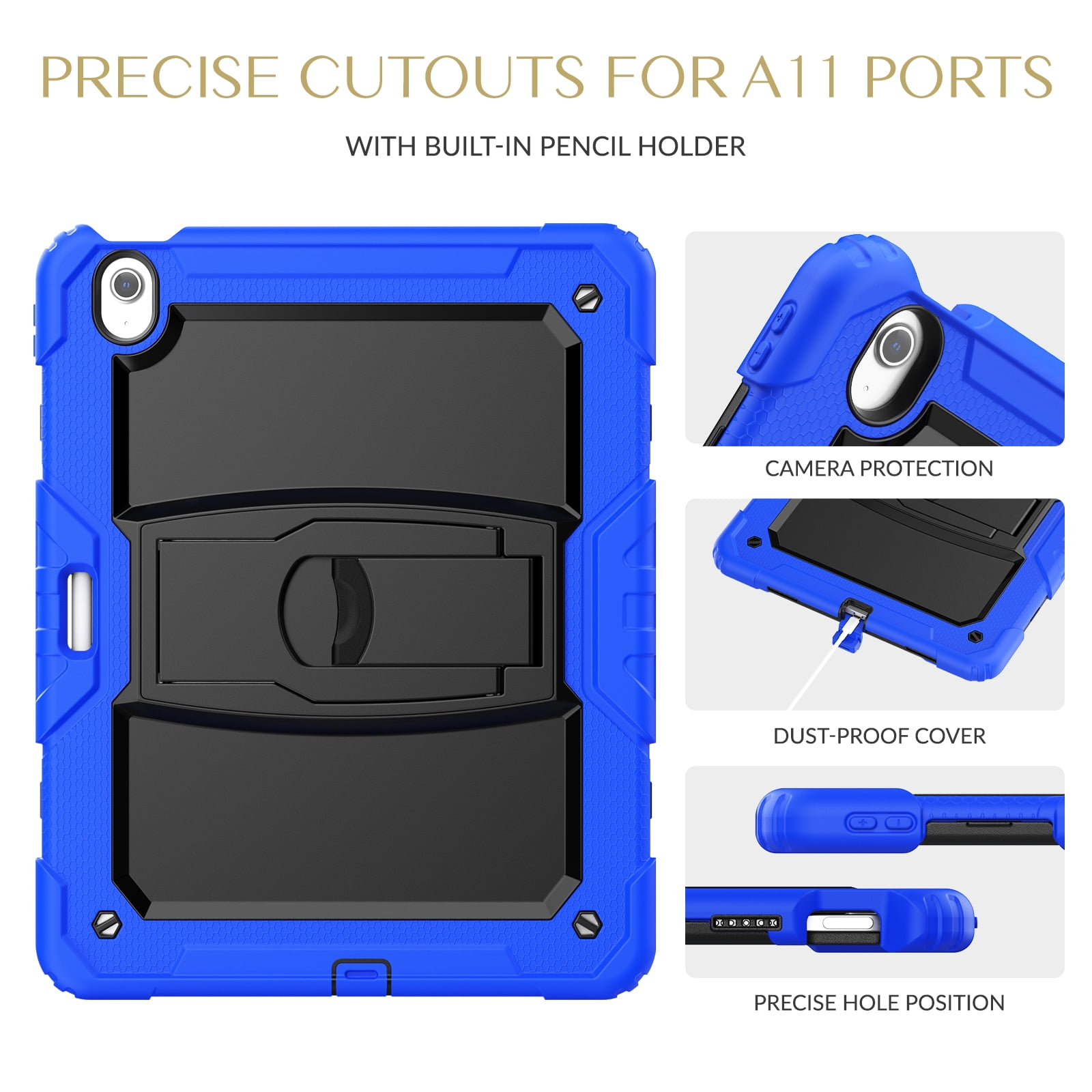 Rugged Case For Apple iPad Air 13 (2024) – 3-Layer Protection Shockproof Stand Cover with Screen Protector, Adjustable Stand, Shoulder Strap, & Pencil Holder -- Darkblue