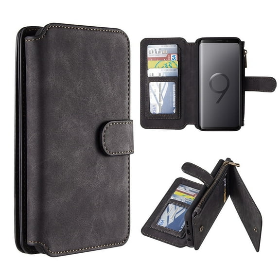 GSA Luxury Leather Flip Wallet Case for Samsung Galaxy S9 Plus Black