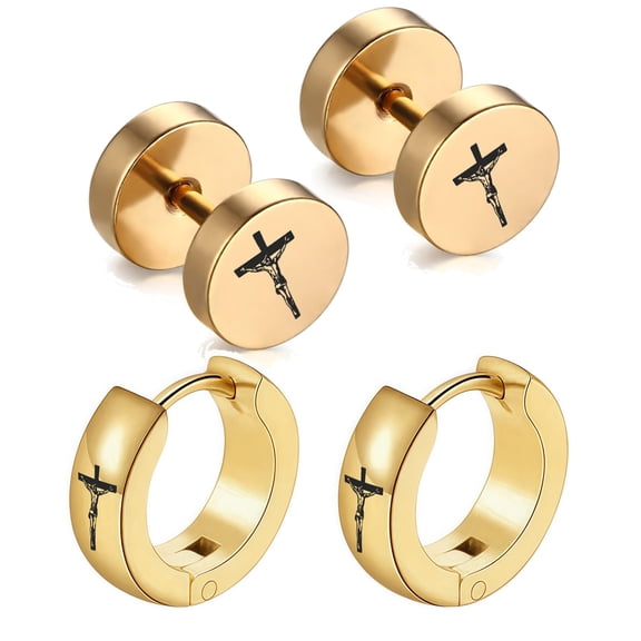 2 Pairs Jesus Cross Earrings For Men,Mens Stud / Huggie Earrings Stainless Steel 2 Sides Jesus Christian Crucifix Jewelry Inspirational Small Hoop Stud Earring for Him